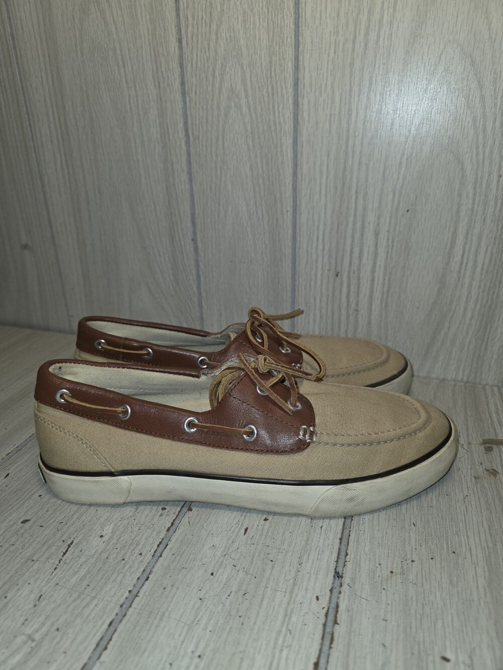 Ralph Lauren Polo Rylander Boat Shoes Brown Canvas/Leather Mens 9.5D Preppy Read
